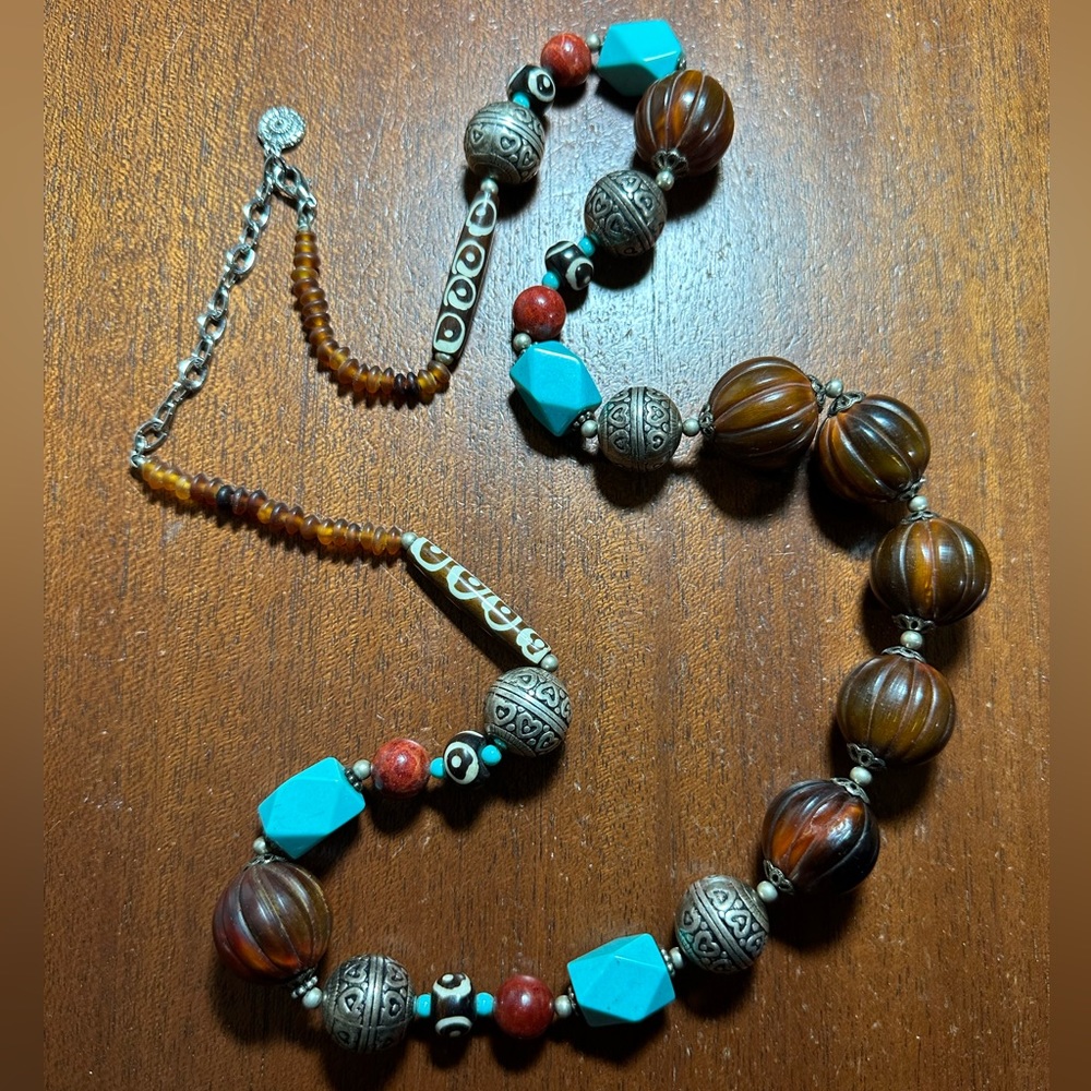 Large Long Strand Beaded Boho Tribal Chunky Silver/Turquoise Necklace
